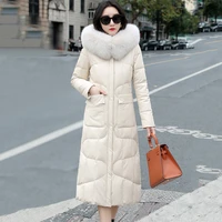 new women leather down jacket autumn winter 2022 fashion real fox fur collar hooded slim sheepskin overcoat long down coat