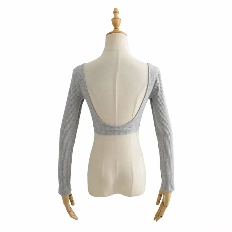 

WOMENGAGA Women Sexy Ribbed Super Crop Top With Scoop Front And Back Full Sleeve Tees Summer Tops Korean Short 8NVN