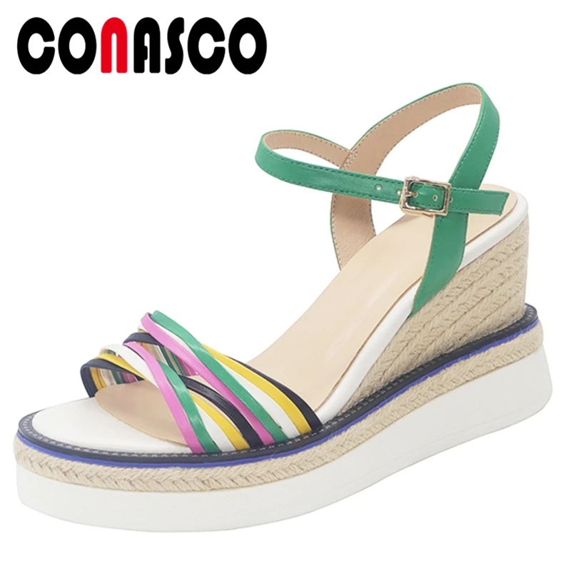 

Сандалии CONASCO женские из натуральной кожи, модные туфли на танкетке с узким ремешком, повседневные туфли-лодочки на платформе, высокий каблу...