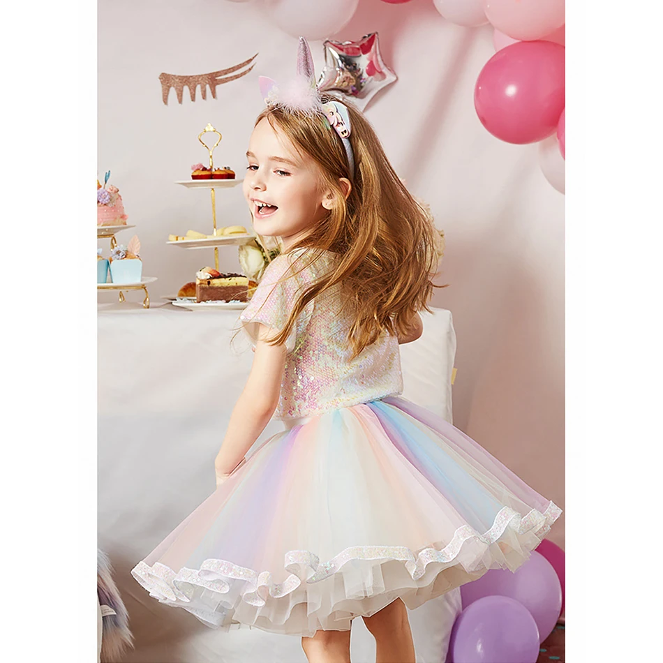 Rainbow Unicorn Dress Costume for Girls Fancy Sequins Dress Children Baby Girl Tops + Skirts Sets  Unique Design Kids Costume