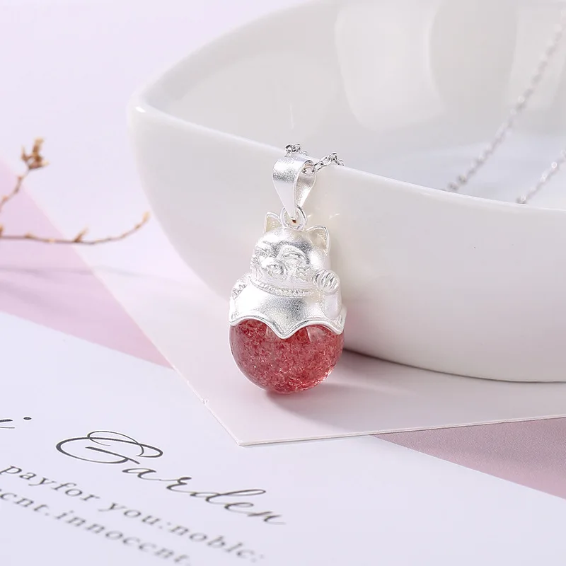Leouerry натуральный клубничный кварц Lucky Cat Подвески простые 925 пробы серебро розовый кристалл женские модели короткие Подвески до ключицы - Цвет камня: Without chain