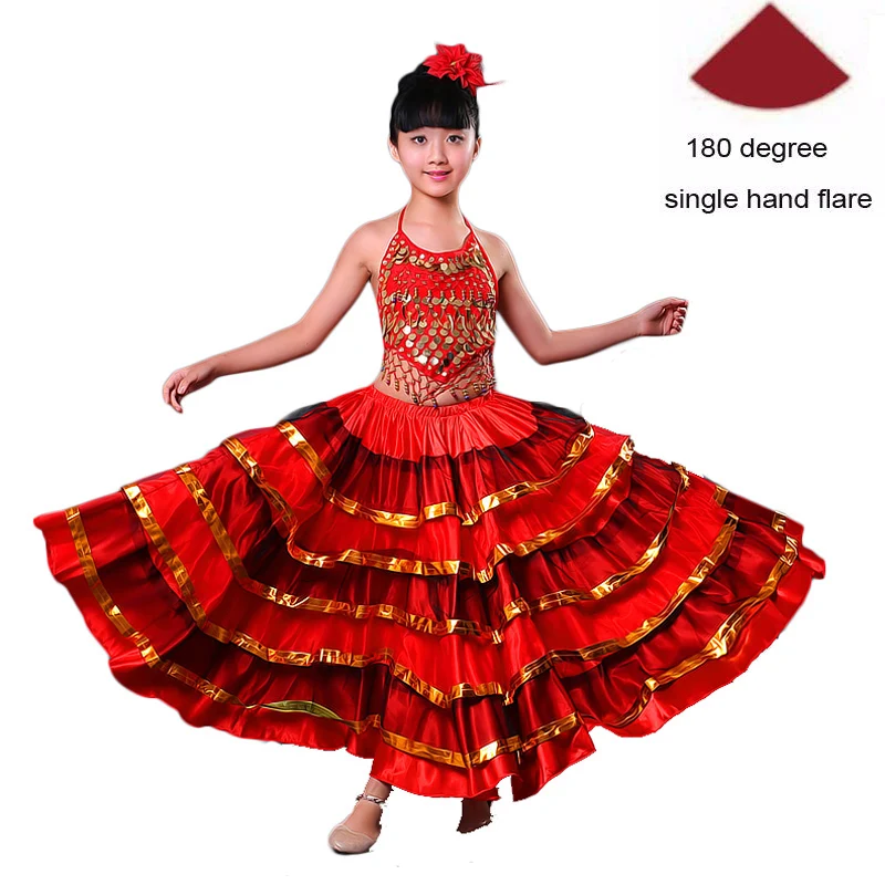 Color2 180degree Высококачественная сатиновая Мягкая красная черная юбка для девочек-подростков, испанское фламенко, полосатая шикарная одежда для бальных танцев, сценическое платье - Цвет: Color2 180degree