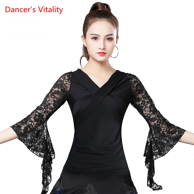 

2021 Summer New Women Waltz Ballroom Dance Tops Modern Standard Tango Latin Dancewear Party Performance Blouses Lace Bell Sleeve