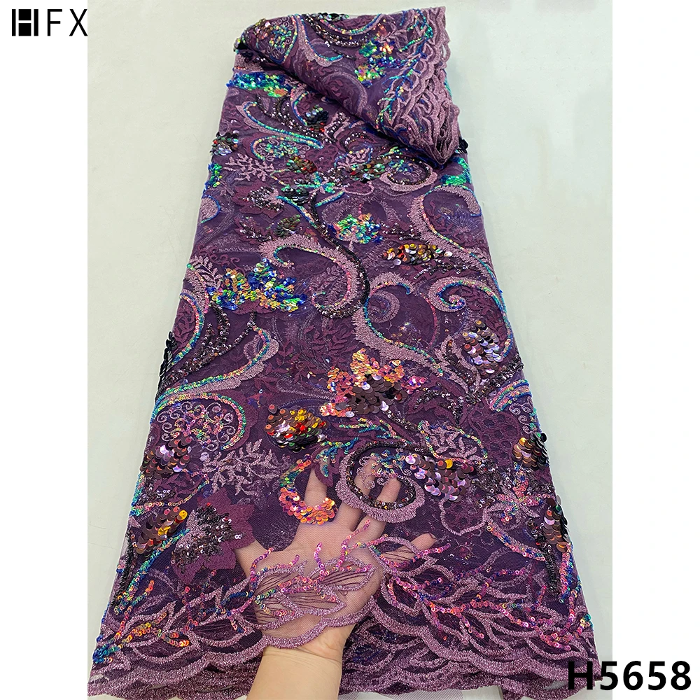 

HFX African Sequin Lace Fabric 2022 High Quality Nigerian Net Mesh Lace Fabrics Embroidery French Sequence Lace Fabric F5658