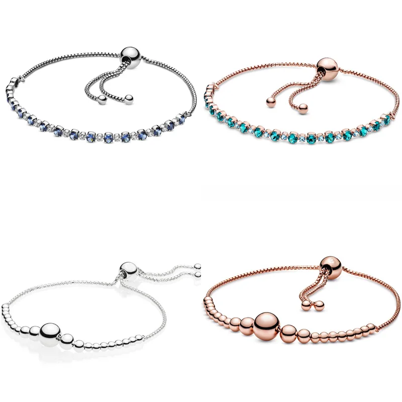 

Rose Blue And Clear Sparkle Slider String Of Beads Sliding Adjust Bracelet Bangle Fit Europe 925 Sterling Silver Bead Charm
