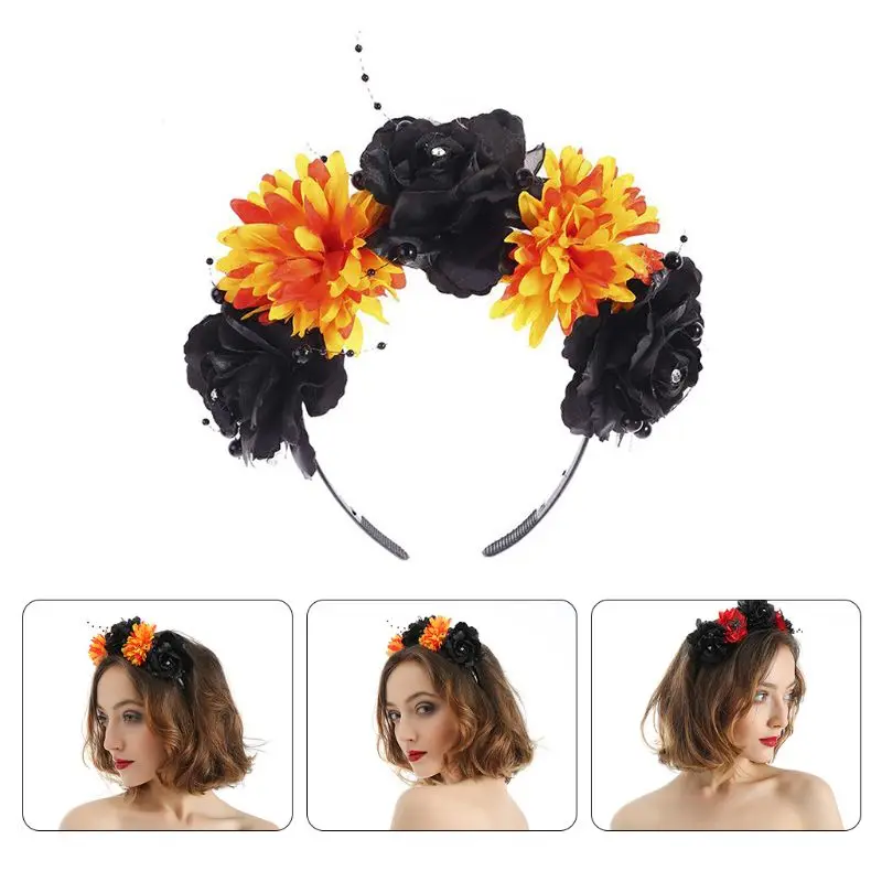

Halloween Day of The Dead Headband Artificial Rose Flower Beads Spider Hair Hoop