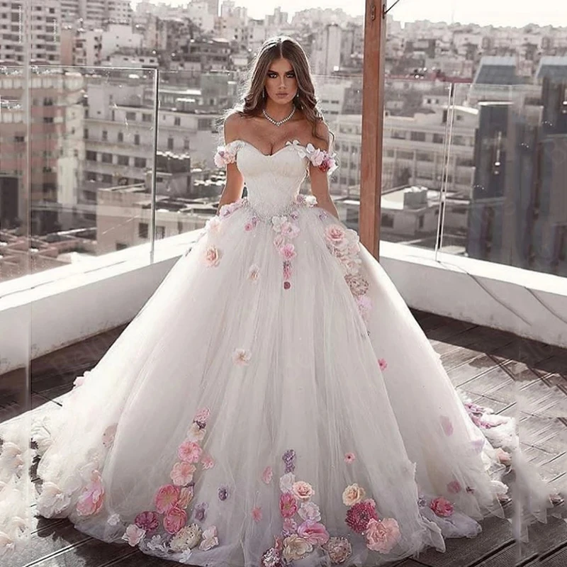 

New Romantic Colorful 3D Flower Wedding Dresses Beaded Puffy Bridal Dress Off The Shoulder Dubai Bride Dress 2021 Robe De Mariee