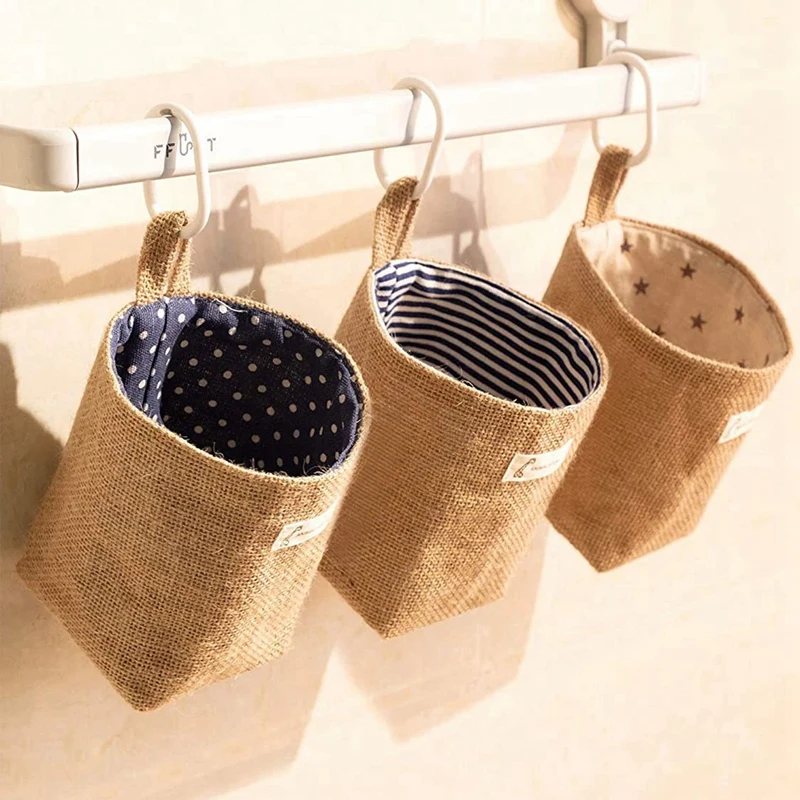 

9 Pieces Mini Wall-Hanging Storage Bags & Set of 3 Natural Cotton Rope Storage Basket,Round Storage Organiser