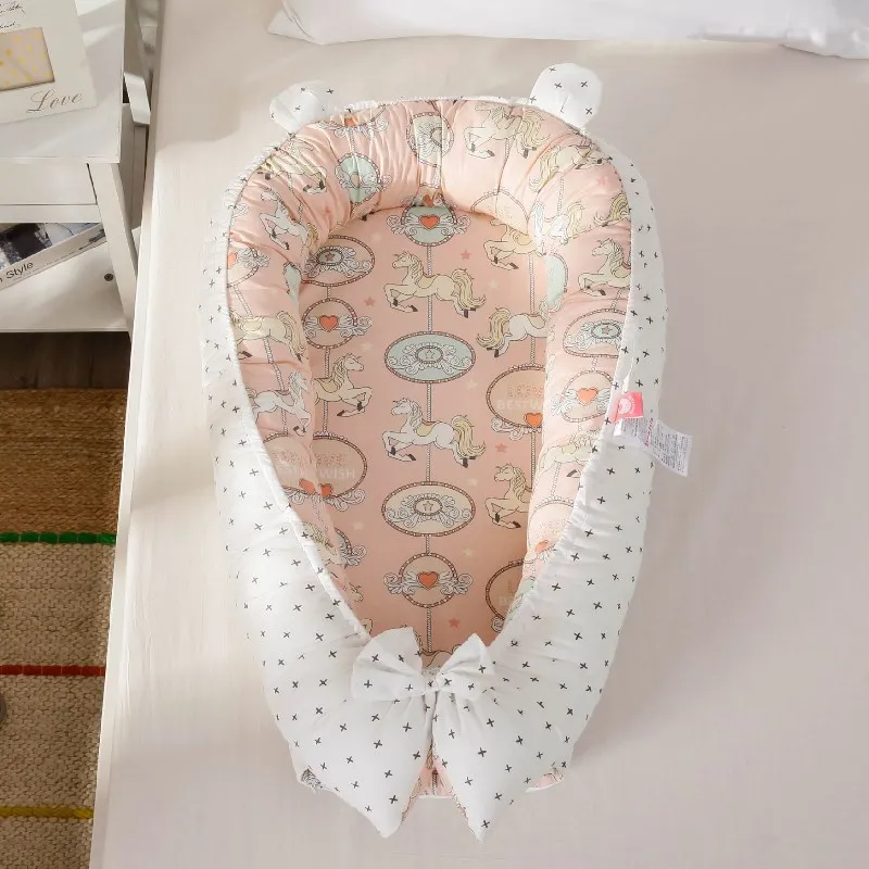 Детский шезлонг переносная кроватка с подушкой для новорожденных хлопковая