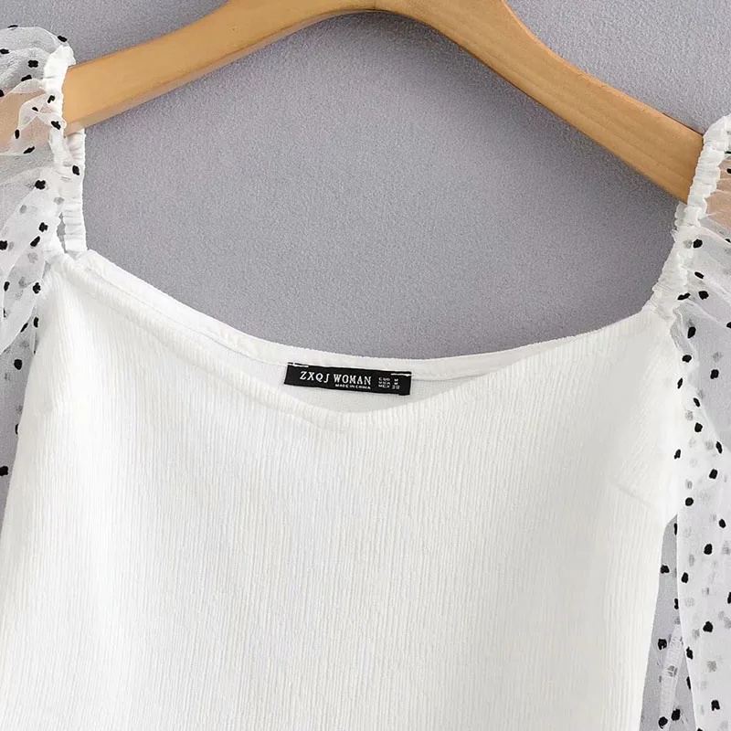 Женские сетчатые топы и блузки za белые с длинным рукавом принтом в горошек 2019 |