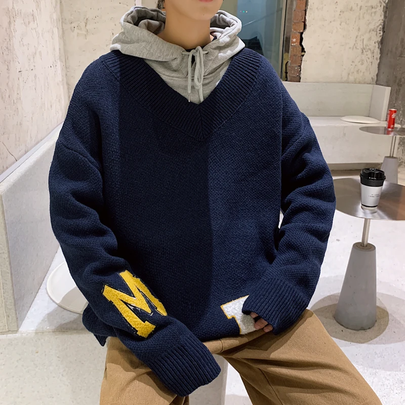 2020 зимний мужской шерстяной свитер с буквенным принтом и v-образным вырезом