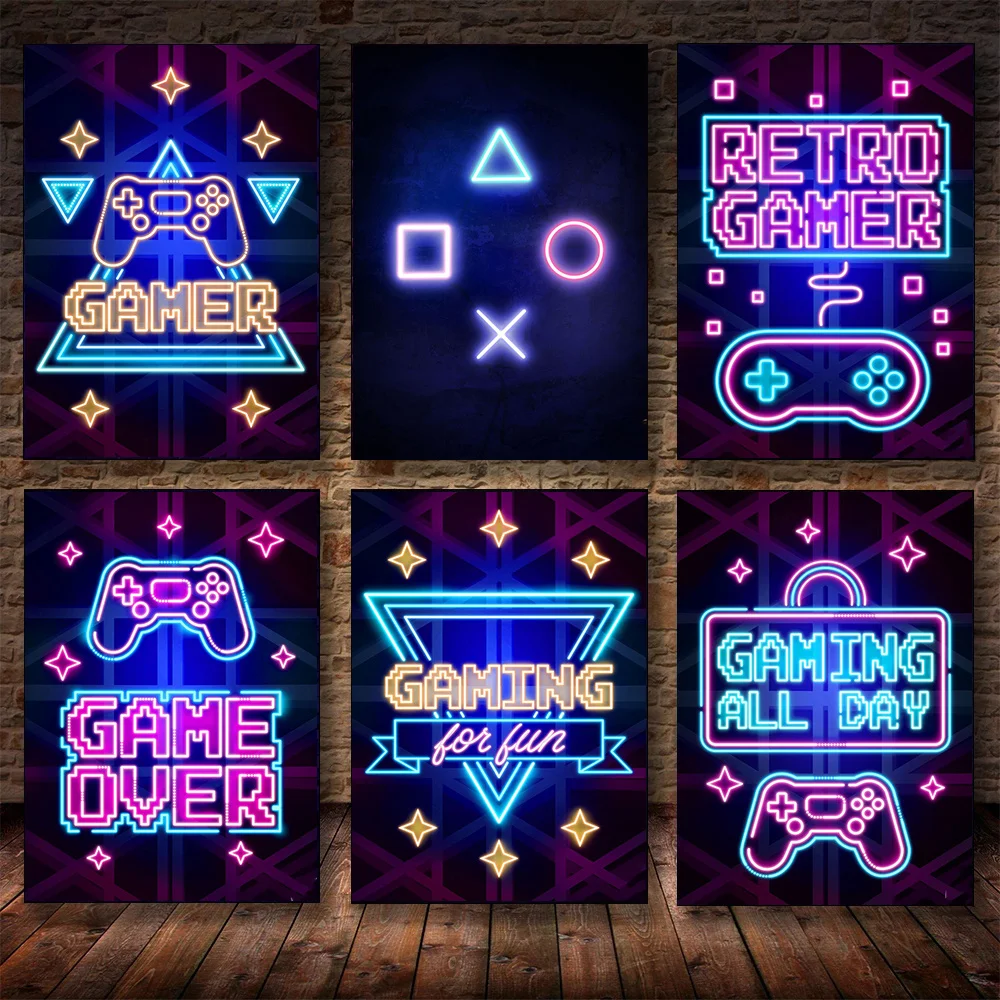 Неоновые Красочные картины на холсте Постер и печать игровой комнаты модульное