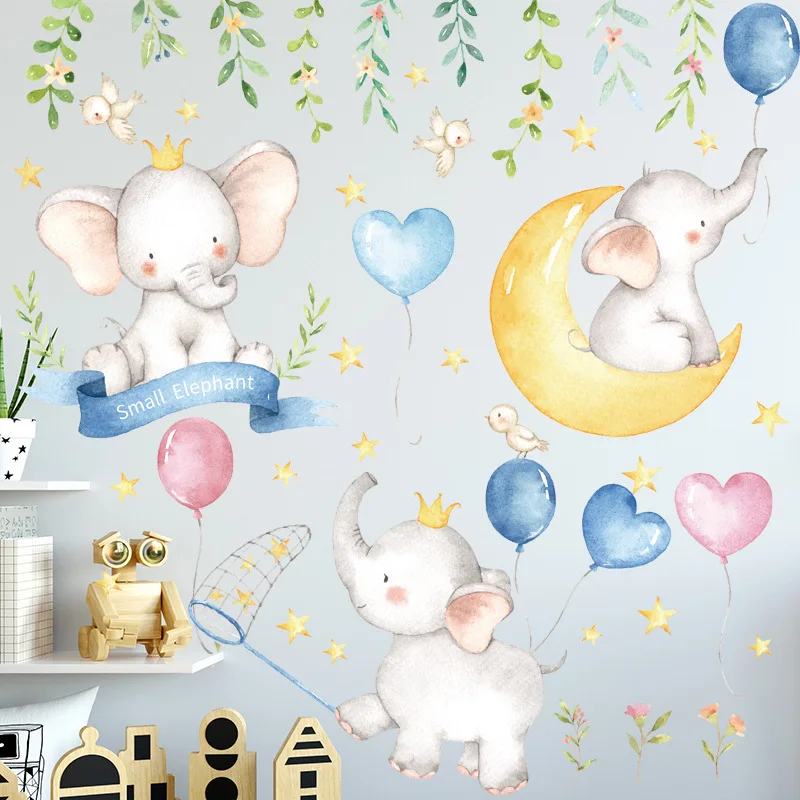 

Cartoon small Elephants Balloon Moon wall Stickers Paint Style for Living Room Kids Room Wall Decal Baby Nursery Wall Decor Gift