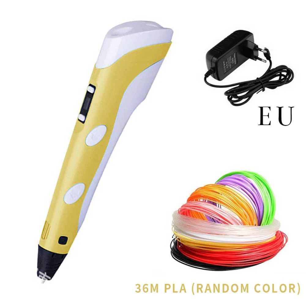 yellow 36m EU Креативная 3d-ручка с PLA нитями, регулируемая температура, Нетоксичная ручка для рисования, детские подарки на день рождения, обучающая игрушка - Цвет: yellow 36m EU