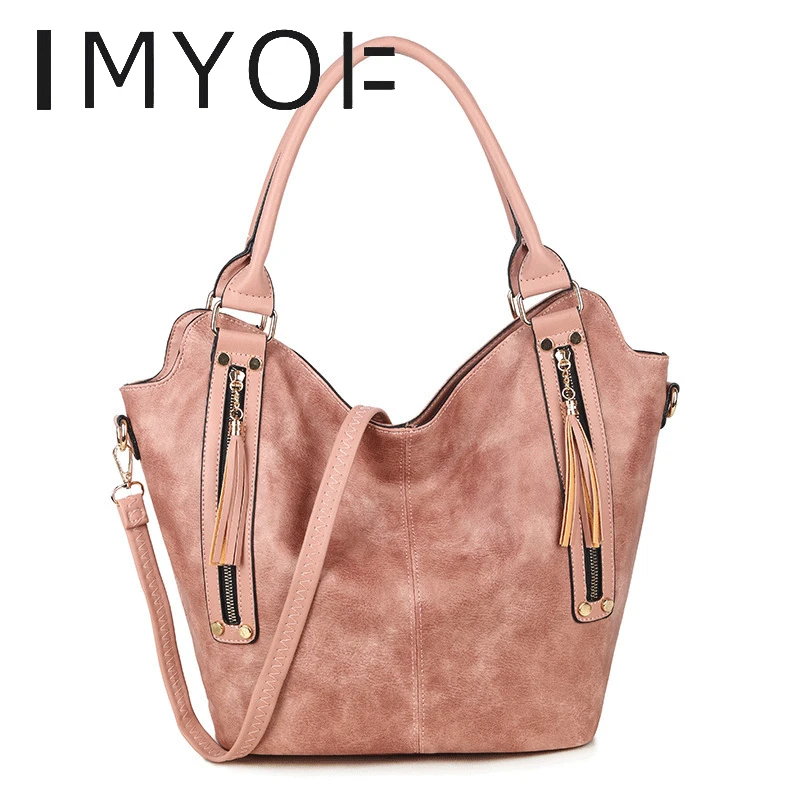 

IMYOK Tassel Design Top-Quality Handbag Pure Color Vintage Shoulder Bag For Women Large Capacity Elegant Traveling Bucket Bag