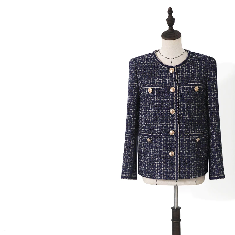 

New 2020 autumn winter clothes women tweed jacket round neck single breasted office lady elegant formal outerwear blue jackets