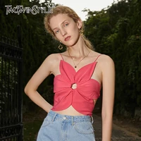 twotwinstyle plain cut out crop top for female v neck sleeve lace up slim summer open back tops women 2021 fashion clothes style