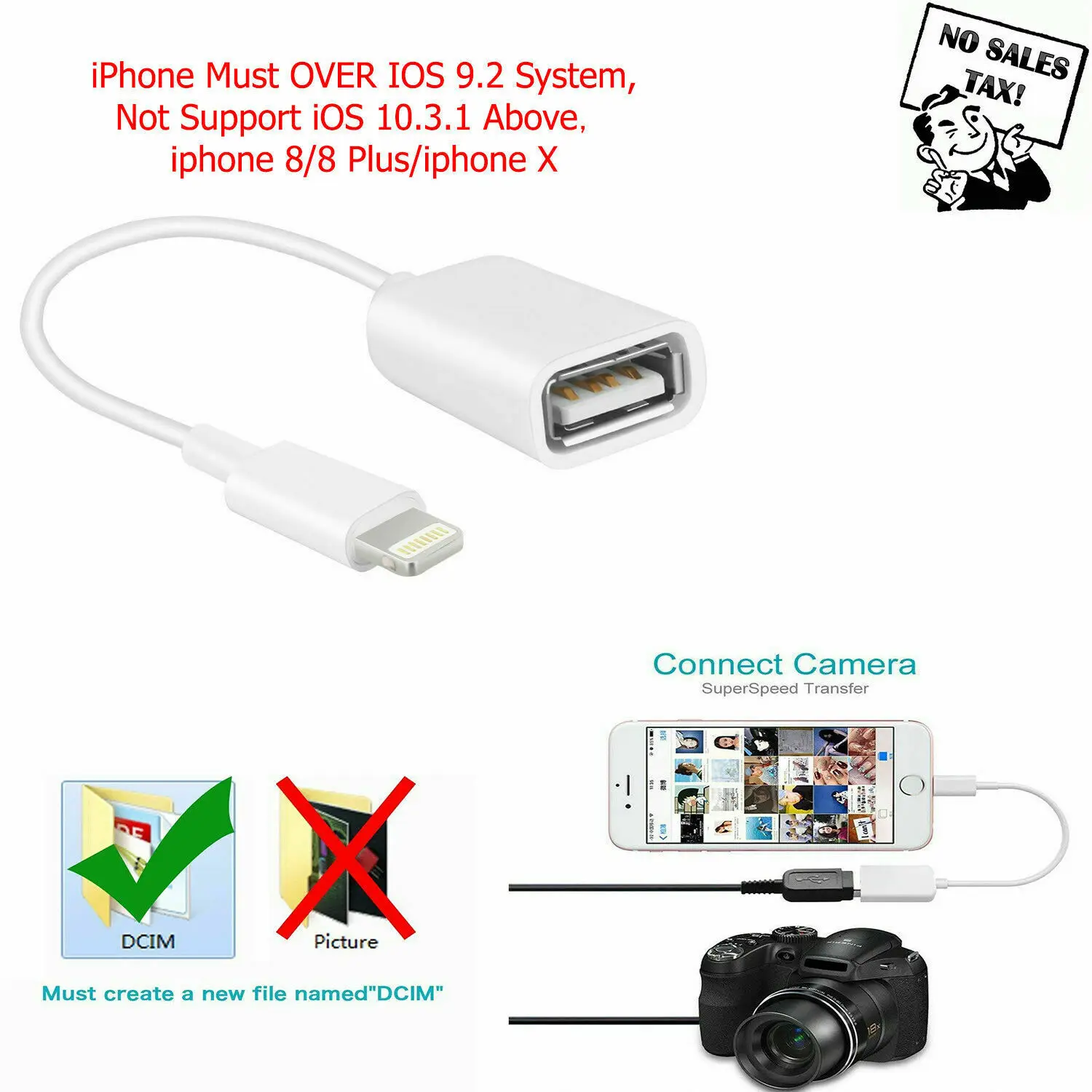 Адаптер OTG с lightning на USB для iPhone 7 8 X комплект подключения камеры конвертер iPad iOS 12 13