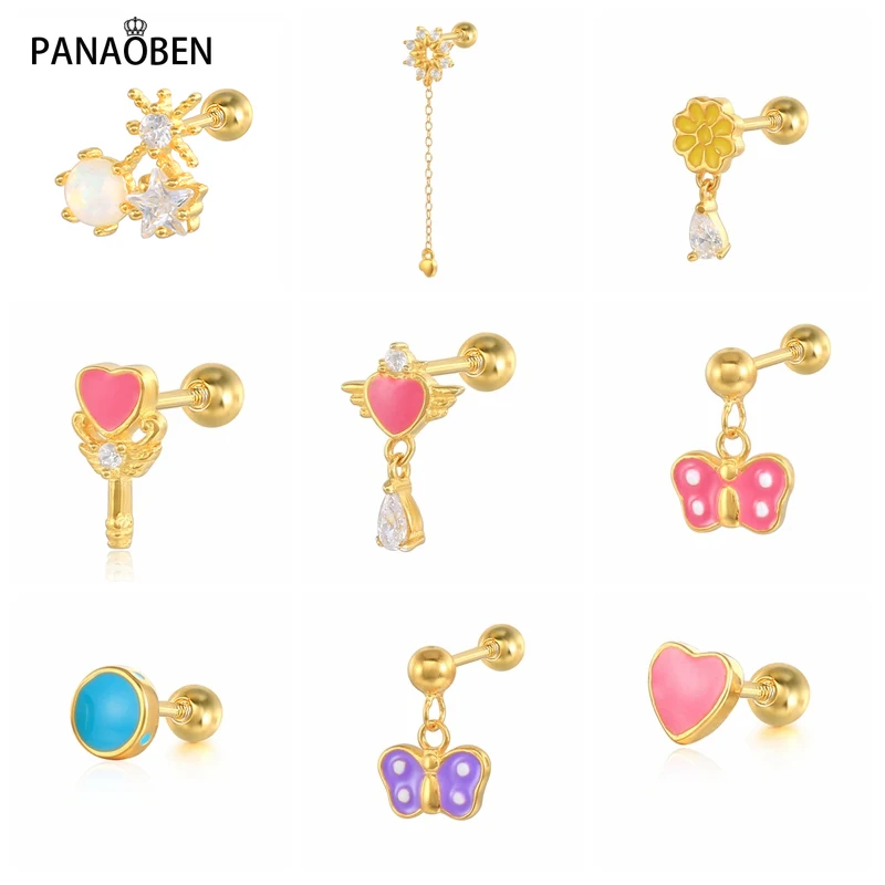 

PANAOBEN 925 Sterling Silver Earrings for Women Cute Mini Rainbow Color Dripping Oil Stud Small Piercing Earring Luxury Jewelry
