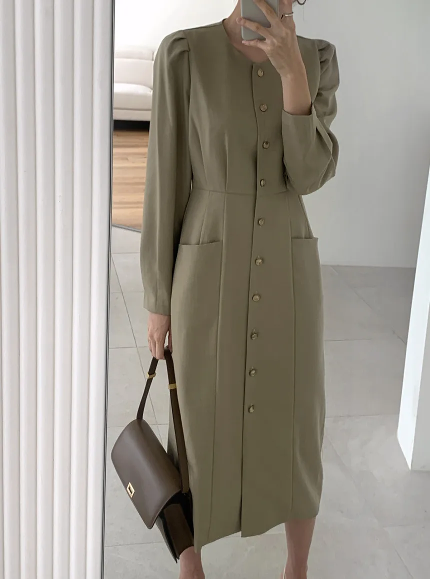 

Spring Autumn Fashion Female Button Long Sleeve Vintage Solid Women Casual Slim Shirt Dress