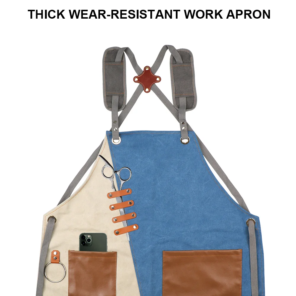 

Unisex Work Apron Adjustable Cross-Back Straps For Kitchen Salon Woodworking Painting Canvas Apron with Tool Pockets