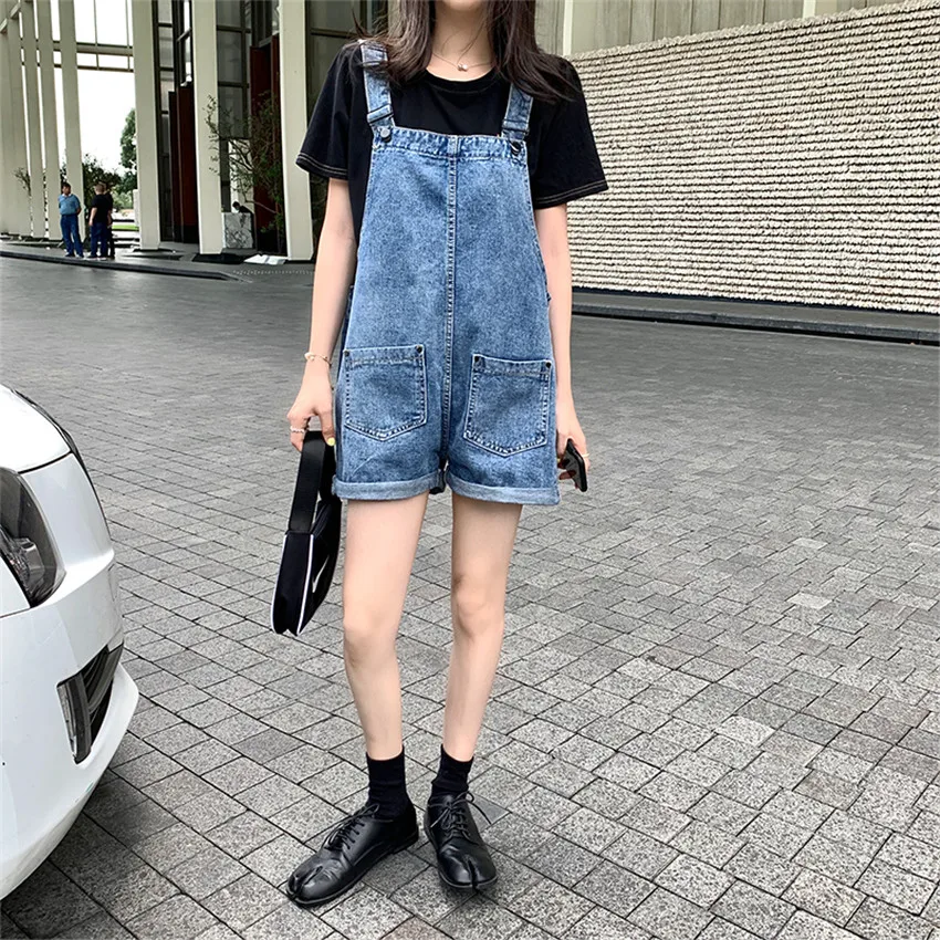 

2021 High Street Fashion Pockets Vintage Jeans Jumpsuit Women Summer Short Denim Playsuits Jumpsuits Overalls Rompers