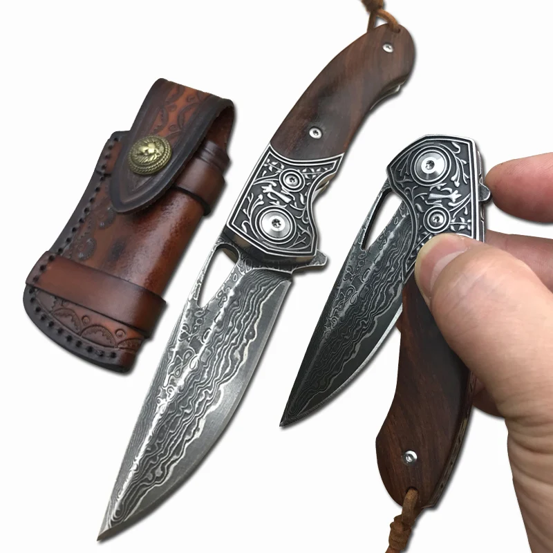 

7.3" Top Quality VG-10 Damascus Tactical Folding Knife Outdoor Camping Survival Utility Pocket Knives Ironwood Handle EDC Tools