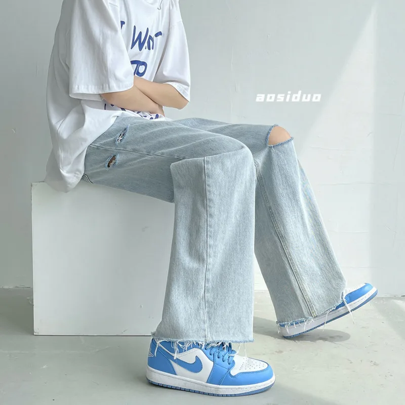Summer Wide-leg Jeans Men's Fashion Light Blue Casual Ripped Jeans Men Streetwear Loose Hip-hop Hole Straight Denim Trousers Men