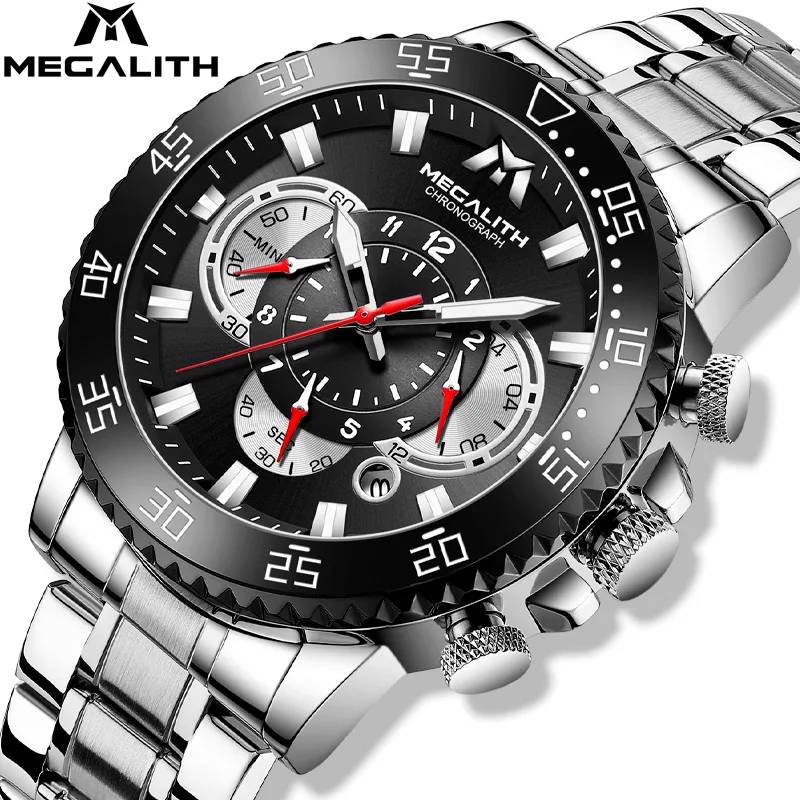 

MEGALITH Men's Watch Top Luxury Stainless Steel Big Dial Quartz Men Watch Sport Chronograph Waterproof Wristwatch Man Date Clock