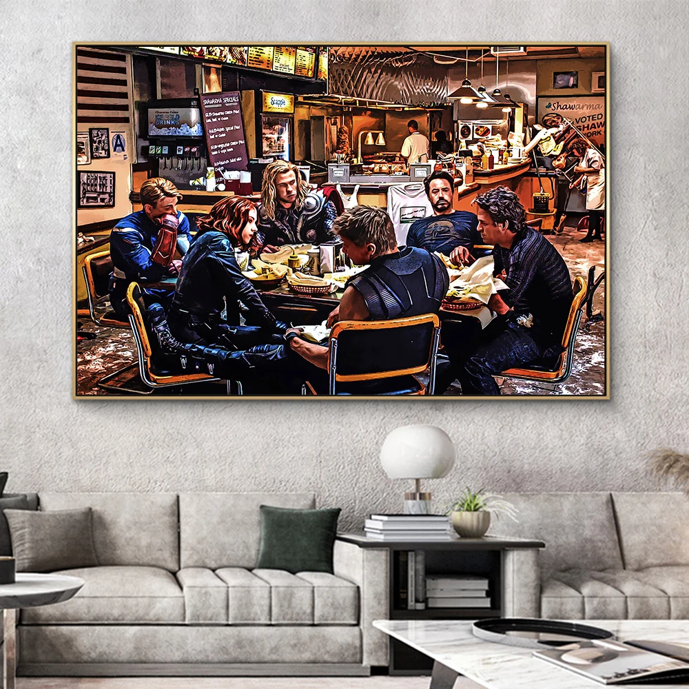

Marvel Superhero Anime Poster Restaurant Last Supper Creative Canvas Painting Avengers Wall Decoration Nordic Vogue Home Decor