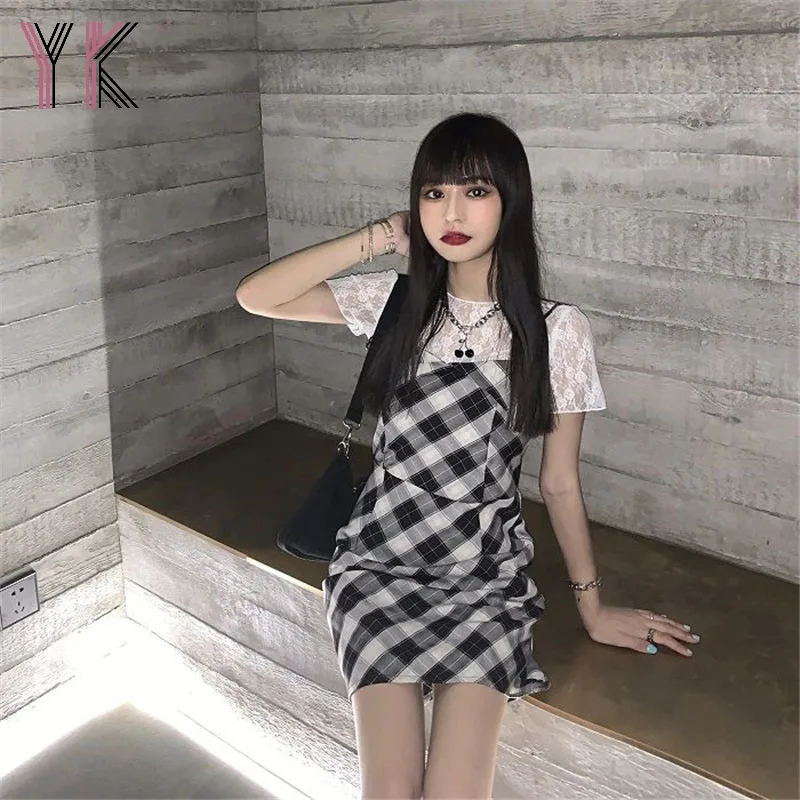 

Комплект из двух предметов, кружевной джемпер с узором животных и круглым вырезом, футболка + сарафан в клетку платье в Корейском стиле Повс...