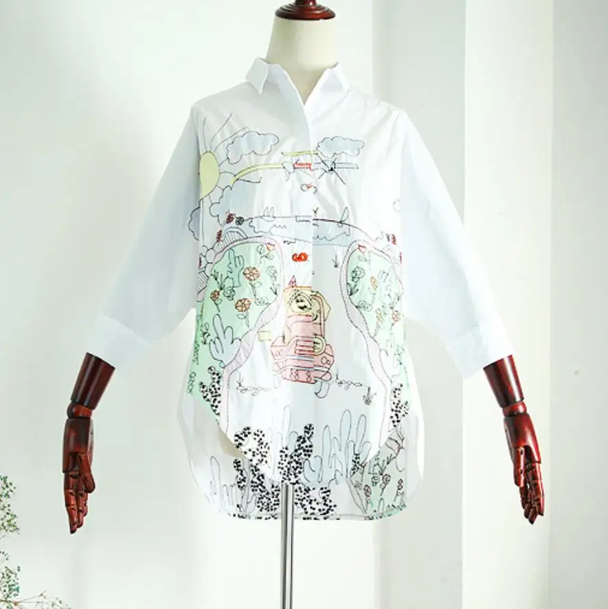 Женская блузка из хлопка и льна рубашка с принтом рукавом три четверти весна лето