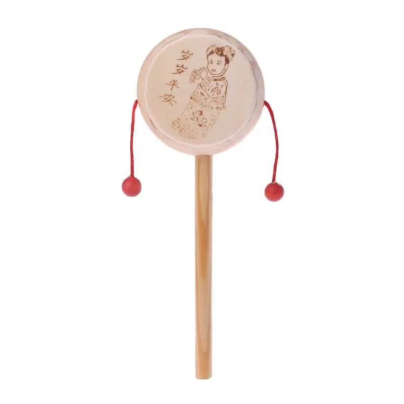 

Wood Cartoon Chinese Traditional Spinning Rattle Drum Hand Bell Baby Musical Toy Y4UD