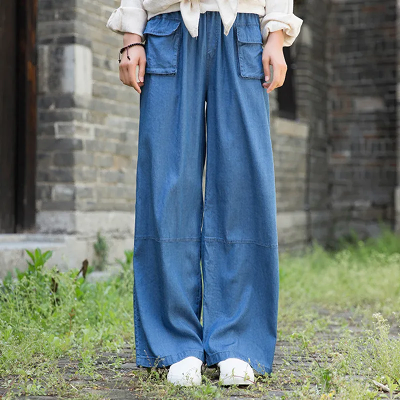 

Thin Tencel Denim Wide-leg Pants Women's Summer 2021 New High Waist Loose Slim Jean Casual Straight Ice Silk Female Pocket Pants
