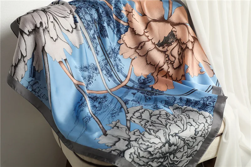 

Elegant Ladies Silk Scarf Fashion New Flowers Print Women Bandana Square Silk Shawls and Wrap Headscarf 90CM Small Neack Stoles