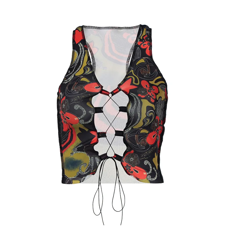 

Women's 2021 Summer New Cut Out Lace Up Print Sexy Vest Gothic Top