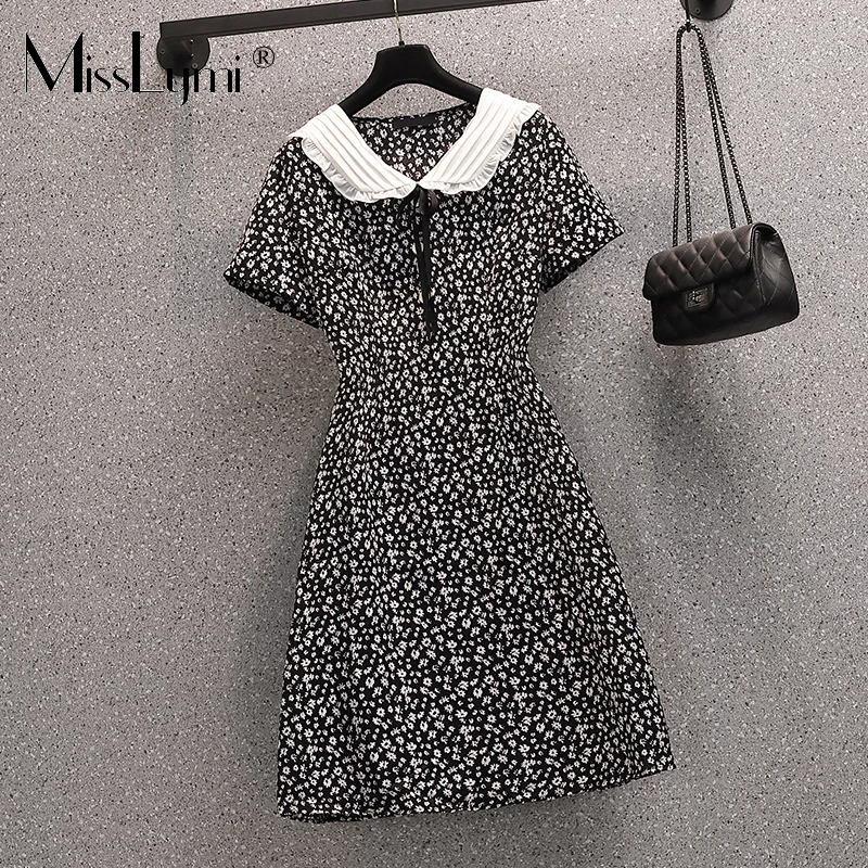 

MissLymi L-4XL Plus Size Women Black Floral Dress Summer 2021 Vintage Fashion Sweets Peter pan Collar Short Sleeve Loose Dress