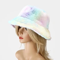 faux fur women bucket hats tie dye print winter fluffy fisherman cap female outdoor warm soft ladies sun hat