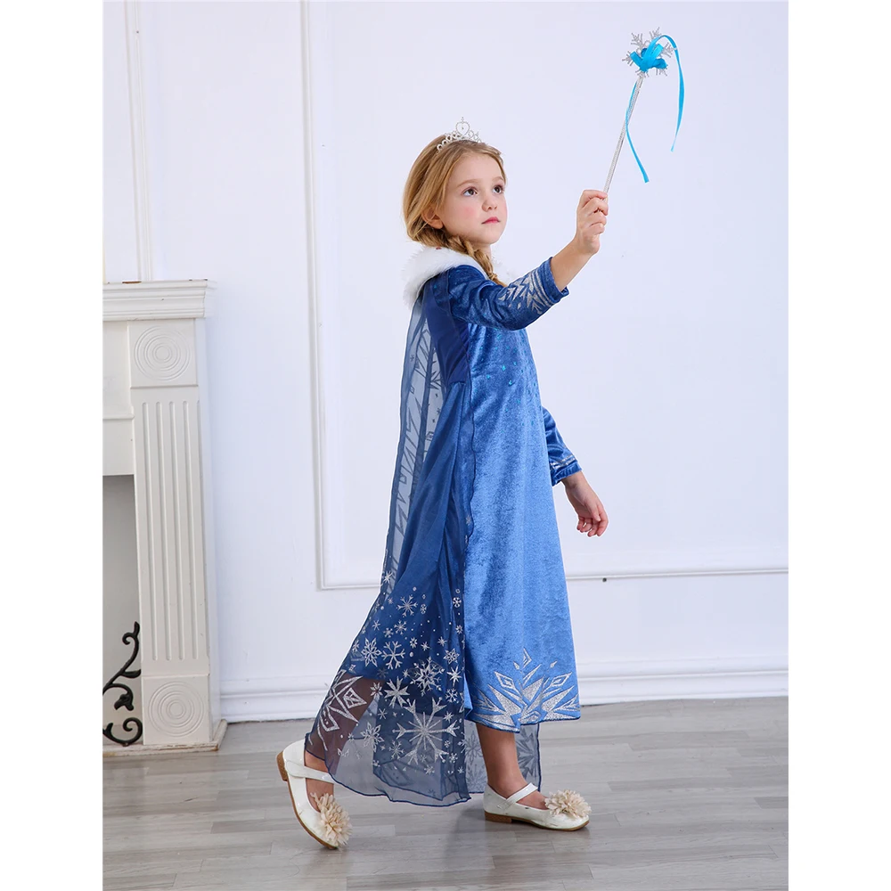 Winter Autumn Birthday Party Elsa Dress for Girls Halloween Snow Queen Snowflake Elza Costume Velve Warm with Long Tail | Детская одежда