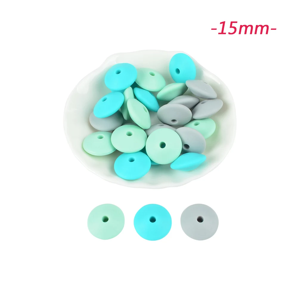 15mm-E LOFCA, 15 мм, силиконовые круглые бусины, чечевица, 30 шт./лот, Прорезыватель для зубов, детский прорезыватель, жевательный, BPA бесплатно, сделай сам, цепочка для соски, пищевой силикон - Цвет: 15mm-E