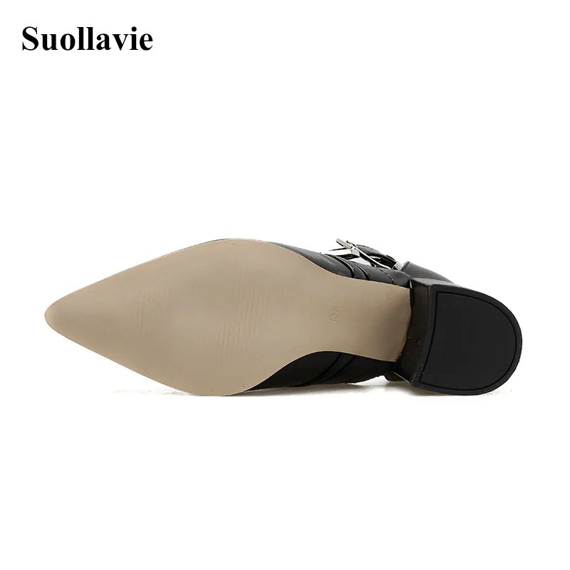 

Motorcycle Boots Women Shoes 2019 Autumn Pointed Toe Squre Heels Metal Buckle Zipper Open Single Shoes Black Size35-42