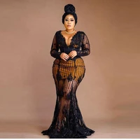 see through plus size prom dresses with sequin ace appliques mermaid evening dress aso ebi african party robes de cocktail