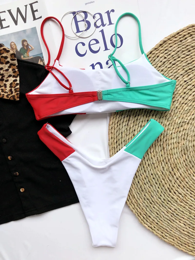 

New color contrast stitching bikini European and American hot style split swimsuit high waist 2-piece swimsuit
