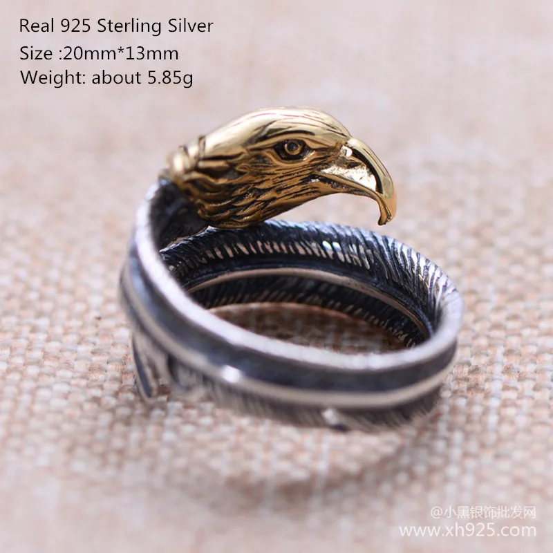 Buyee Уникальный Мужской Кольца золотые головки и серый перо Орел 925 пробы