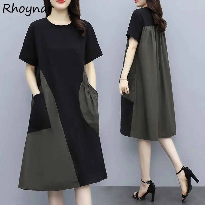 

Dresses Women Panelled Baggy Large Size L-4XL Pockets Summer Classy Patchwork Simple Tender Design Fashionable Femme Casual Cozy