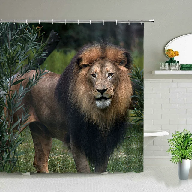 

Wild Animal Shower Curtain Lion 3D Print Bathroom Curtains Set Waterproof Bathtub Screen Fabric Wall Decoration With Hooks