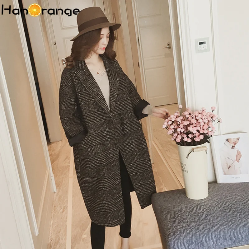 HanOrange/2021 однобортное пальто средней длины с длинным рукавом женское свободное