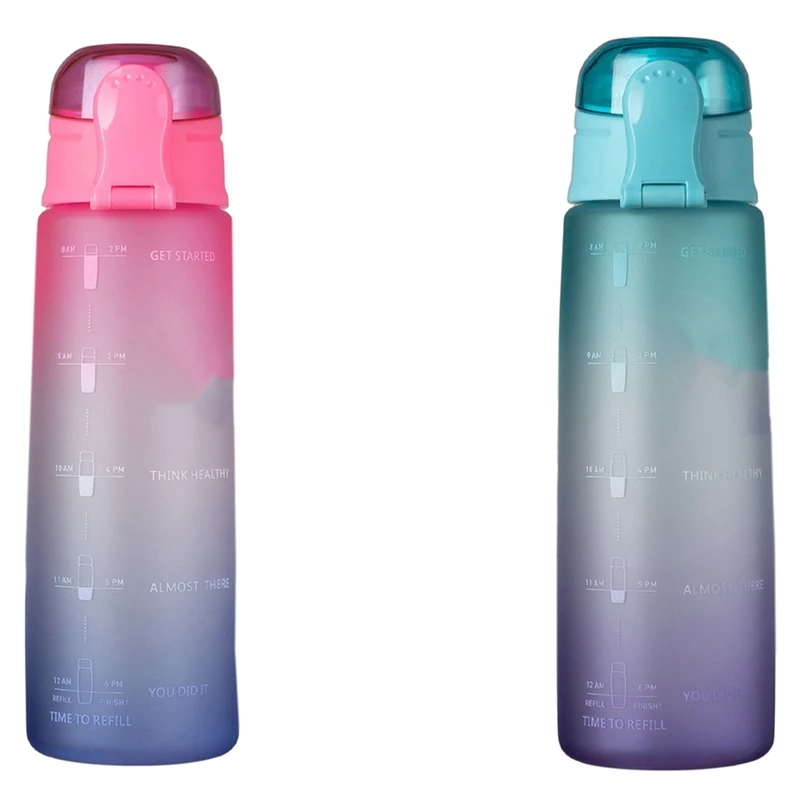 

2 Pcs 32Oz Fitness Water Bottle with Time Marker BPA Free Large Capacity Water Jug Gradient Pink & Gradient Green