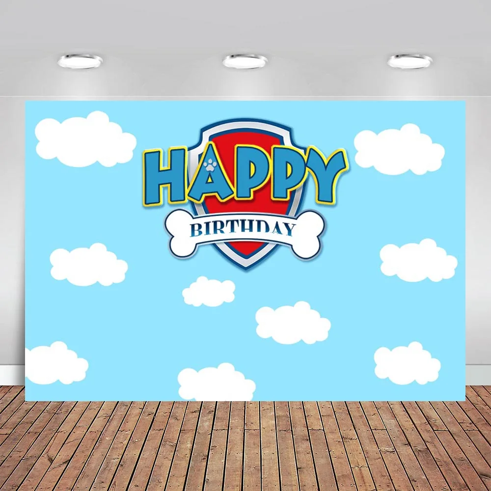 

Cartoon Bithday Party Background Blue Sky Dog Paw Baby Shower Photography Backdrop Tower Custom Vinyl Photo Booth Props