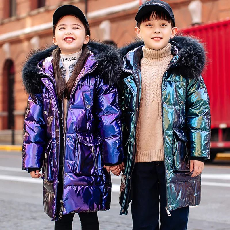 

2021 New children's winter clothes Girls fashionable and colorful hooded long down coat Boys waterproof & thick warm down jacket
